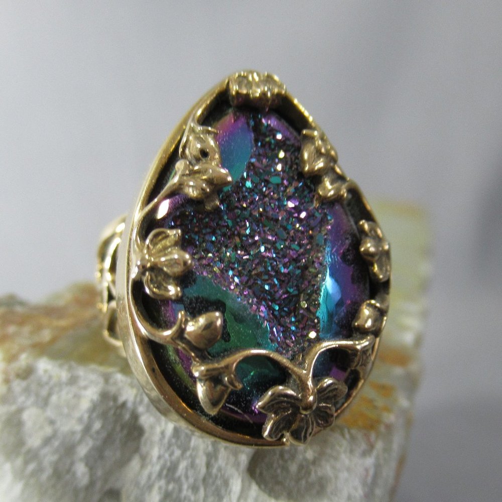 Druzy Cocktail Ring Purple & Green Caged in Gold